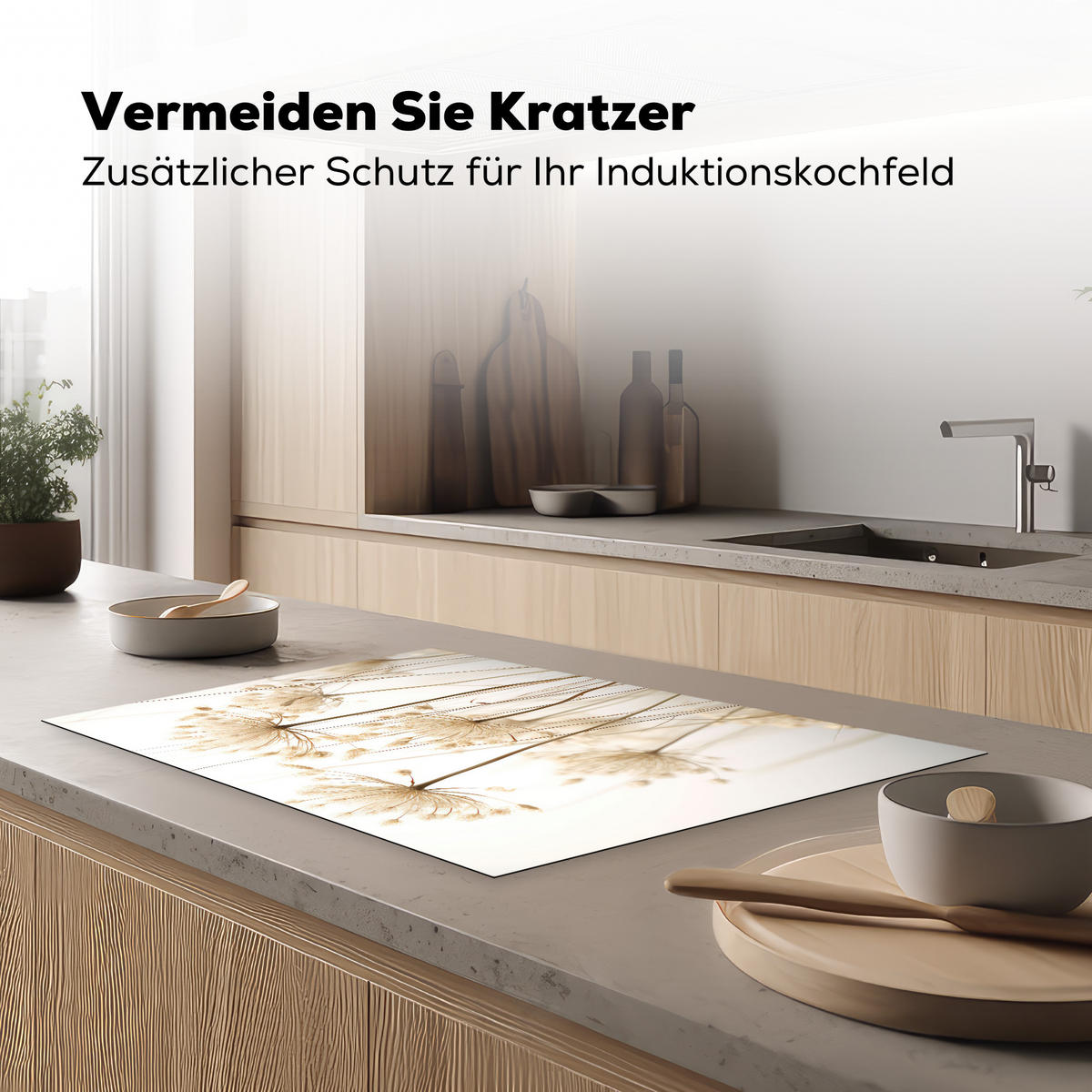 HERDABDECKPLATTE Blumen - Weiß - Sonnenlicht Induktionsschutz 80x52.2 cm - Ecru, Kunststoff (80.2/52.2/0.2cm) - MuchoWow