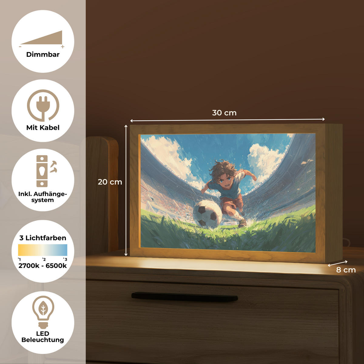 NACHTTISCHLAMPE Stadion - Fußballer - Ball 30x20 cm - Blau, Holzwerkstoff (8/30/20cm)