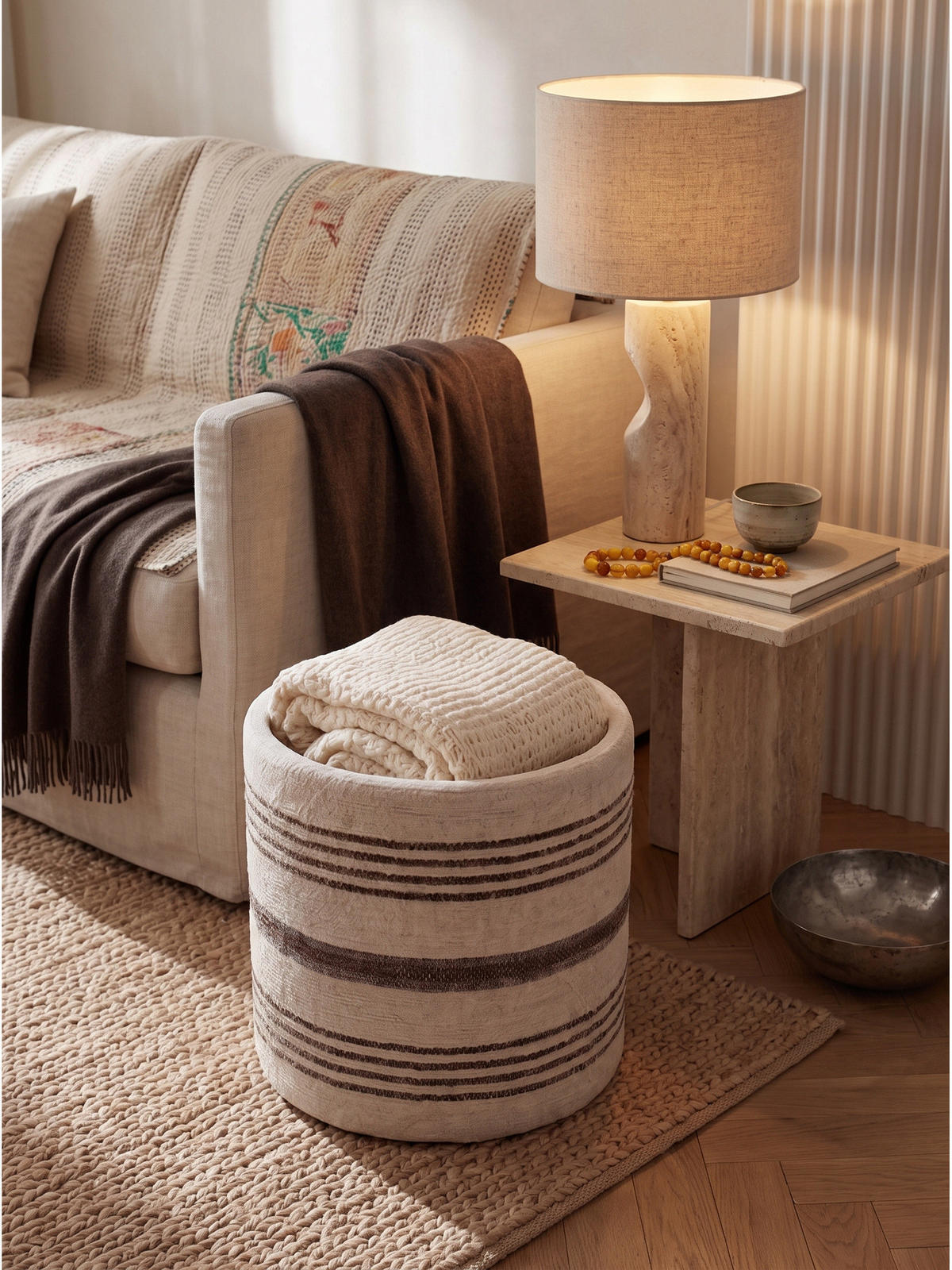 SITZHOCKER RHONE, Stoff, mit Textilbezug, Beige-Braun, Ø 40 x 45 cm - Beige, Textil (40/45/40cm) - KADIMA DESIGN