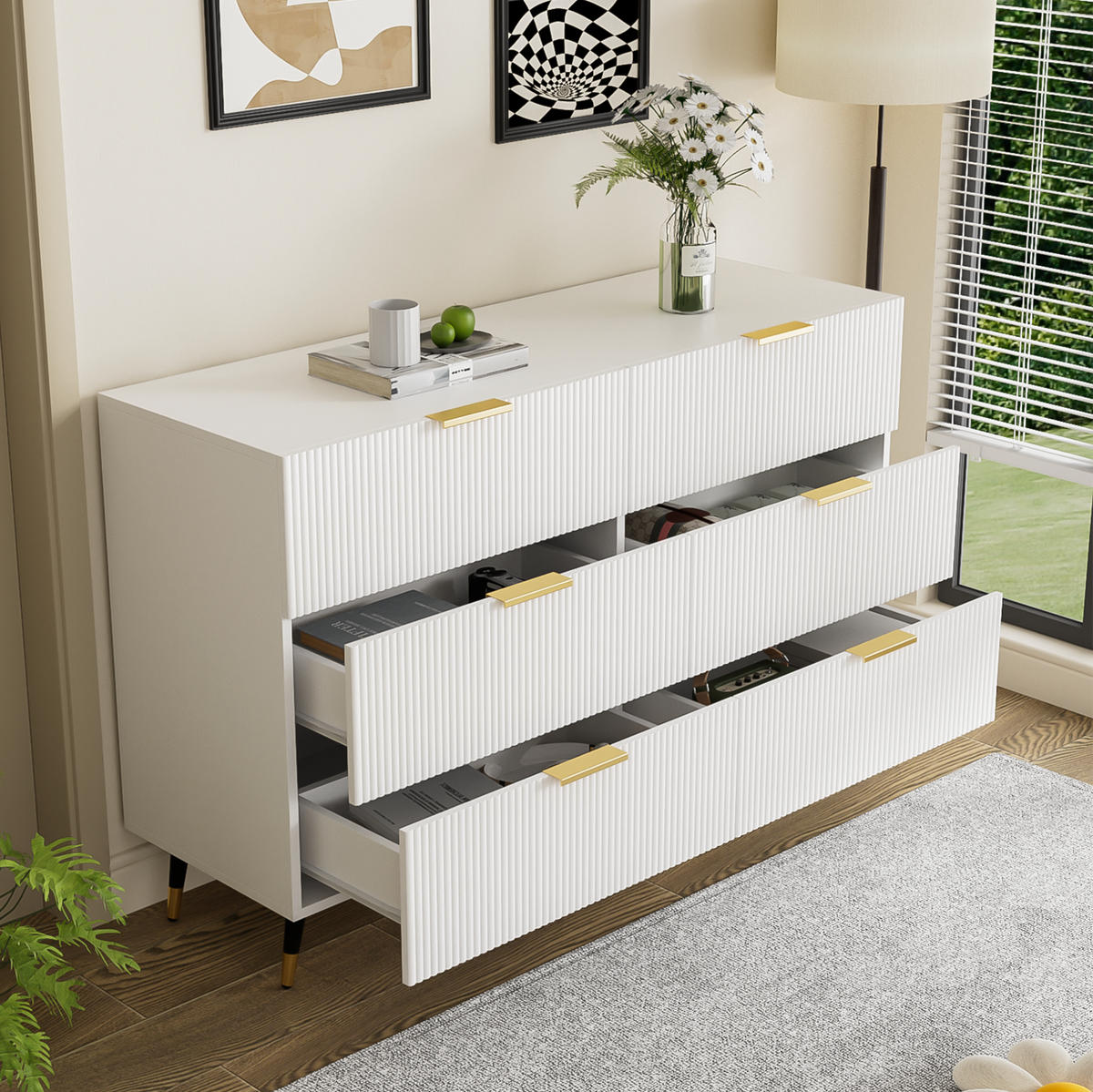SIDEBOARD 120/40/77 cm Weiß aus Spanplatte mit 6 Schubladen - Weiß, Holzwerkstoff (120/77/40cm) - OKWISH