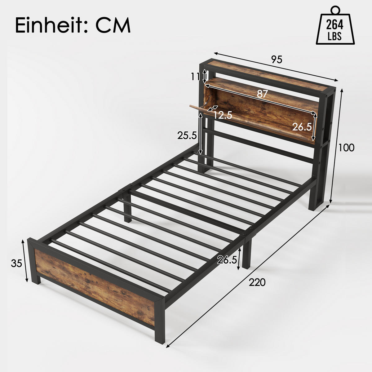 EINZELBETT Schwarz 100/220/95 cm - Schwarz, Metall - Urban Meuble