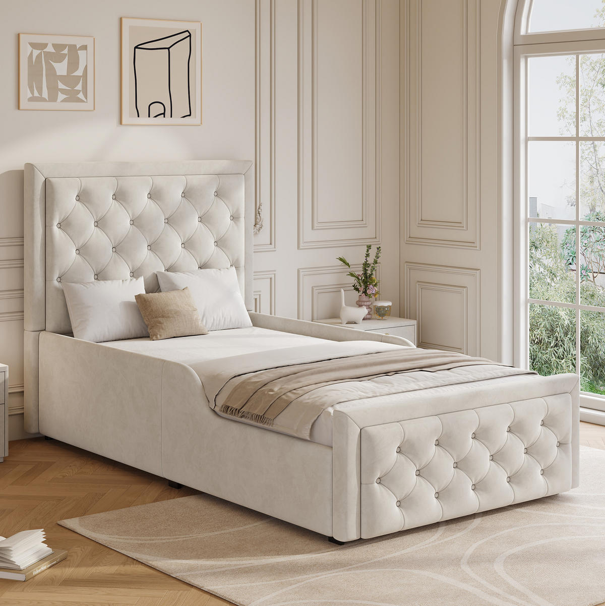 KINDERBETT 90/200 cm beige aus Samt mit Stauraum und Lattenrost - Beige, Holzwerkstoff (90/200cm) - OKWISH