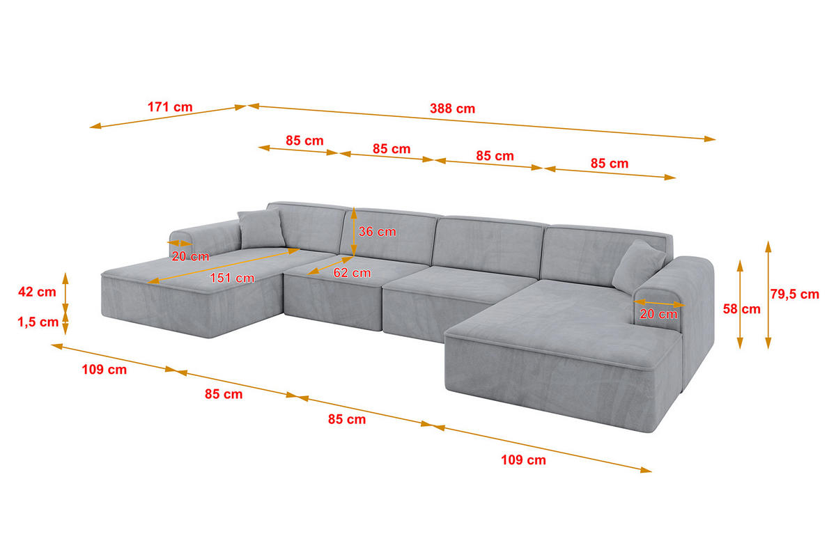 WOHNLANDSCHAFT IREA-U2-v3 - 388x171x79 cm Grau - Titanfarben, Holzwerkstoff/Textil (388/79/171cm) - ALTDECOR