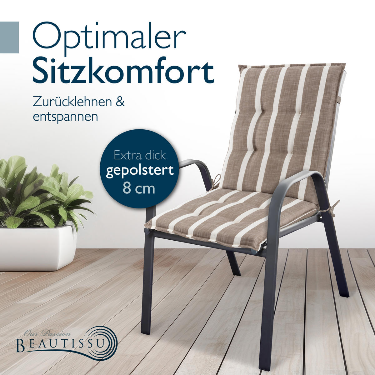 NIEDERLEHNERAUFLAGE Sun-NL 105/50/8cm Beige-Weiß-Gestreift - Multicolor, Textil (50/8/105cm) - Beautissu 