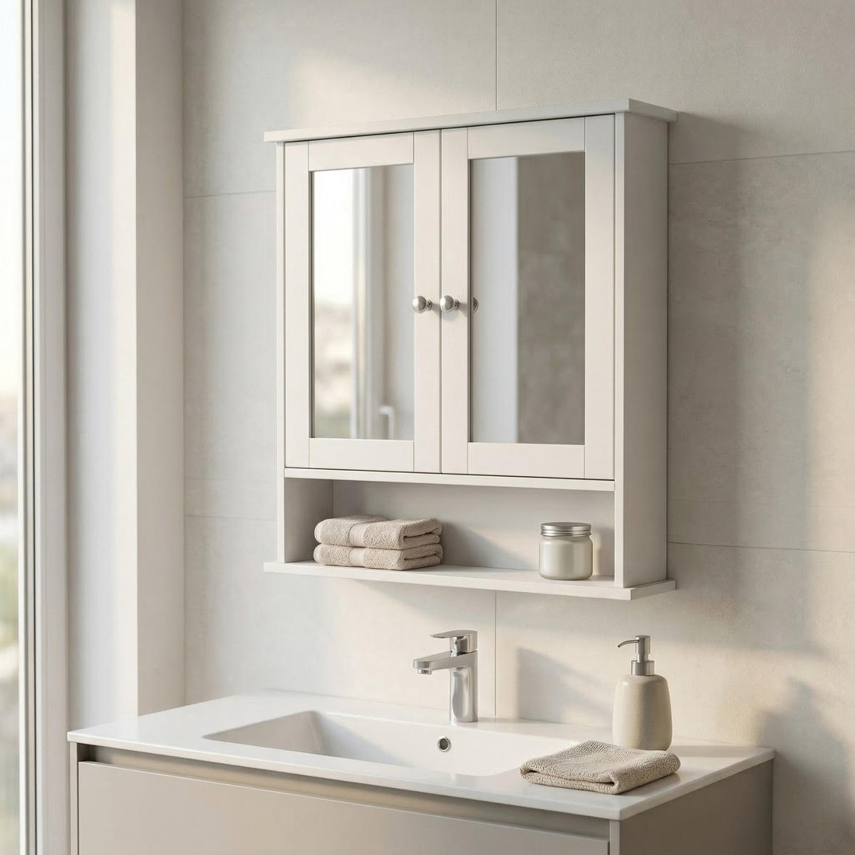 BADEZIMMERSCHRANK Luma Spiegel 56/13/58 cm - Weiß, Holzwerkstoff (56/58/13cm) - EDAXO
