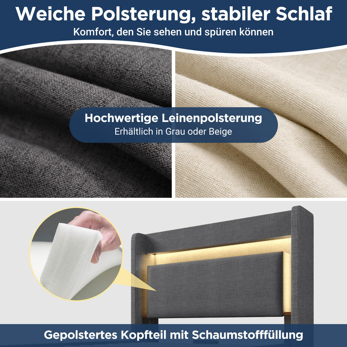 POLSTERBETT 90/200 cm mit LED-Beleuchtung, USB- und USB-C-Anschluss, Stauraum und Schublade und Matratze, Leinen, Grau - Grau, Textil (90/200cm) - Redom