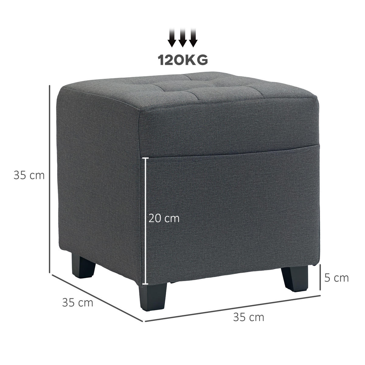 HOCKER DE-16456 mit Seitentasche und Knopfheftung Grau - Grau, Holzwerkstoff (35/35/35cm) - ComfortXL