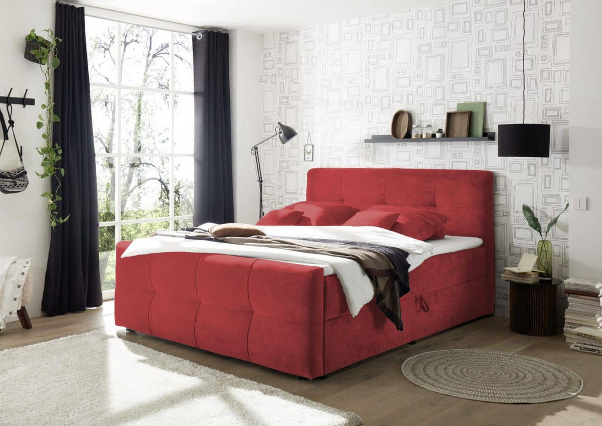BOXBETT mit 9‑Zonen-Tonnentaschenfederkern-Matratze, HR-30-Topper, Bettkasten - Beere/Rot, Holz/Kunststoff (180/200cm) - ed exciting design