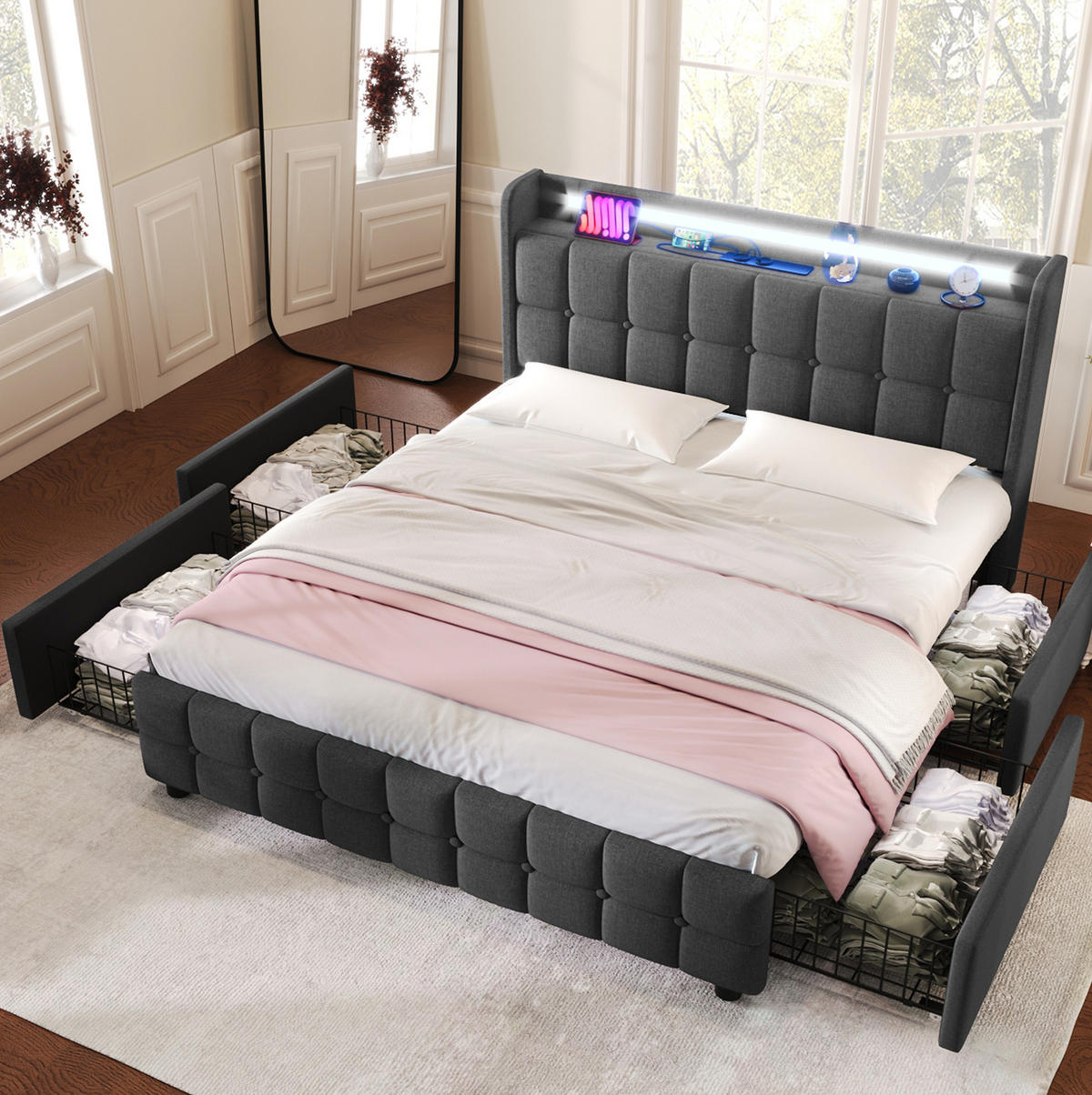 POLSTERBETT mit USB und LED 180x200 cm Grau mit 4 Schubladen - Grau, Holz (180/200cm) - Meubliv