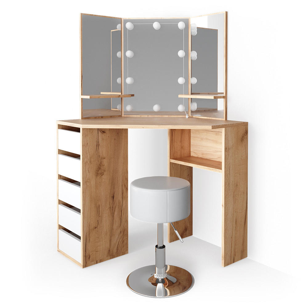 ECKSCHMINKTISCH Arielle Goldkraft Eiche 110 cm mit LED Beleuchtung und Hocker - Eiche Wotan, Holzwerkstoff (110/141.5/54cm) - Vicco