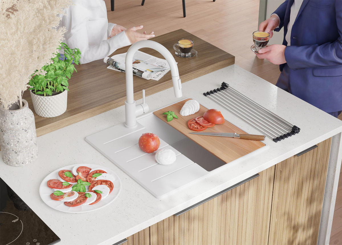 SPÜLBECKEN Kopenhagen, 2-er set Alles Weiß 55/50 cm 1 Becken + Ablauf-Set + Schneidebrett ab 40er Unterschrank - Beige/Weiß, Kunststoff (55/20/50cm) - Primagran