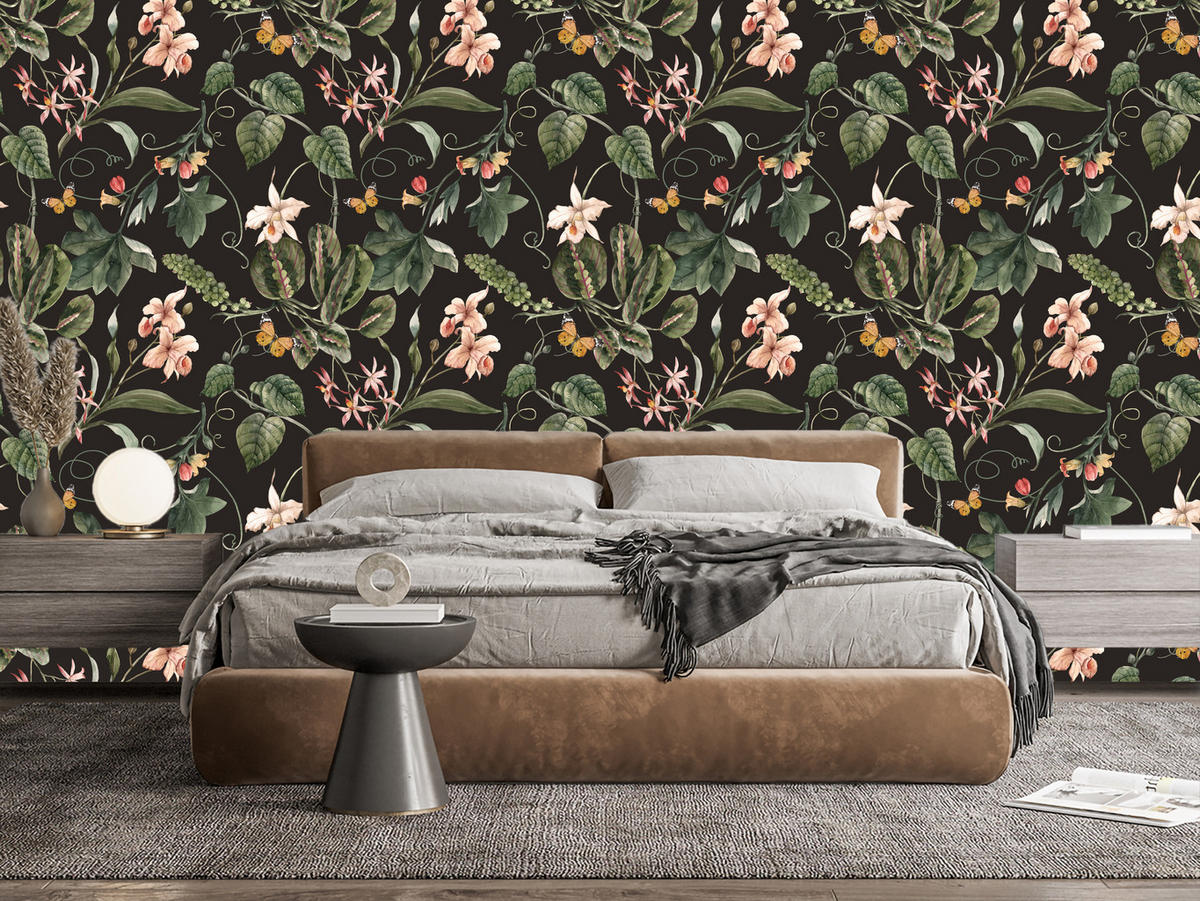VLIESTAPETE Exotische Blüten und Pflanzen – Rosa, Grün, Schwarz – 50x1000 cm - Schwarz/Rosa, Papier (50/1000cm) - Muralo