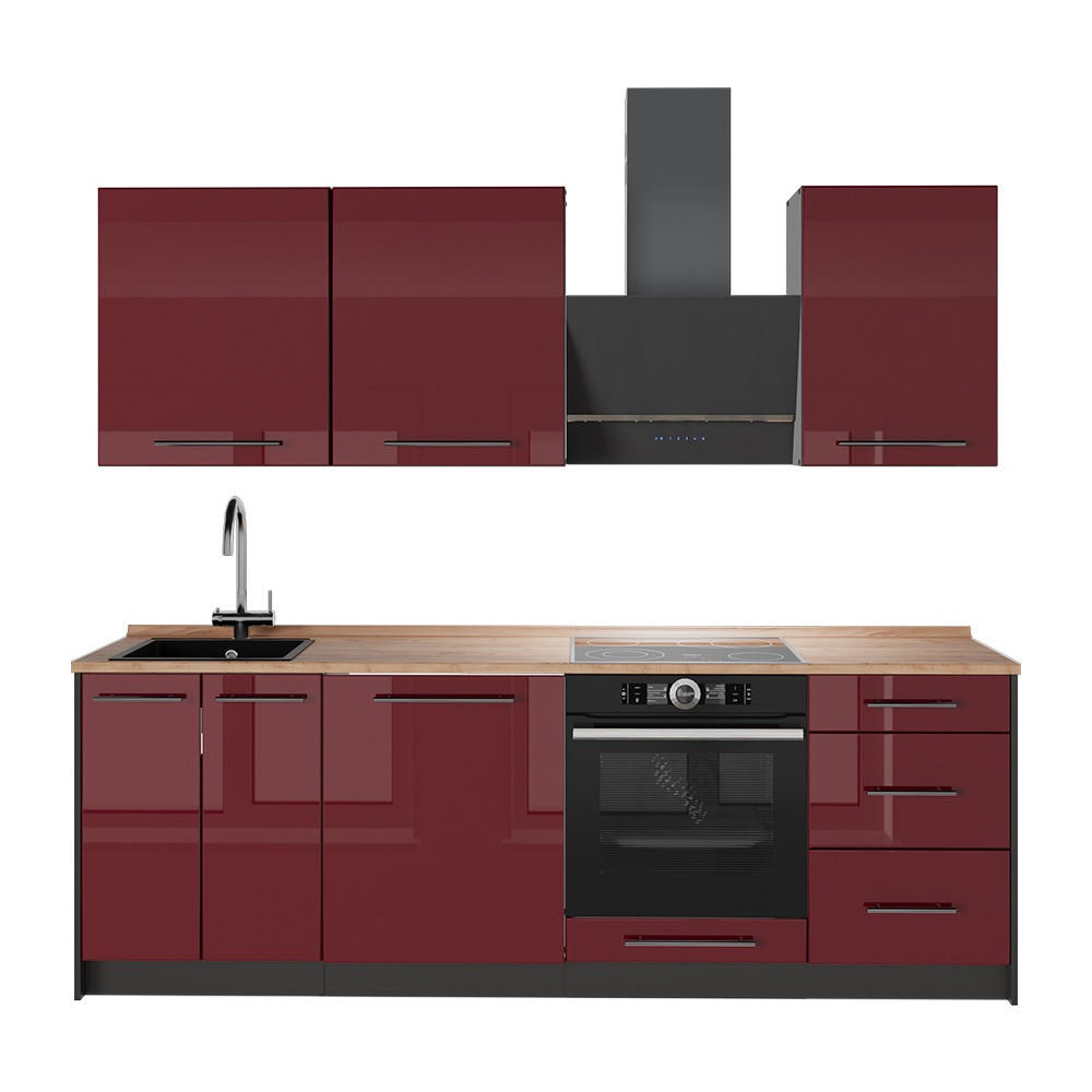 KÜCHENZEILE Fame-Line, Bordeaux Hochglanz/Anthrazit, 230 cm, AP Eiche - Bordeaux/Anthrazit, Holzwerkstoff (230/82/60cm) - Vicco