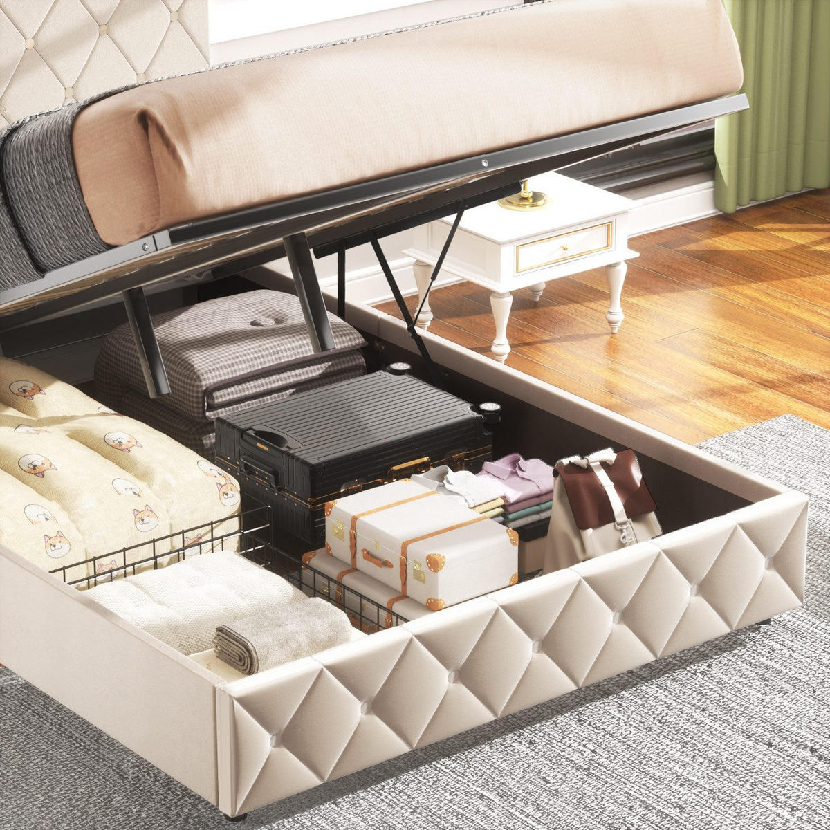 POLSTERBETT 160/200 cm Beige mit hydraulischem Stauraum aus Samt - Beige, Holzwerkstoff (160/200cm) - OKWISH