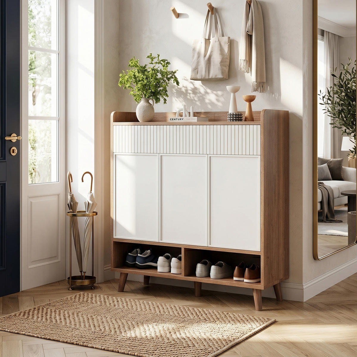 SCHUHSCHRANK in Weiß und Holzoptik, 3 Türen und 2 Schubladen mit Rillendesign - Naturfarben, Holzwerkstoff (90/100/35cm) - Urban Meuble