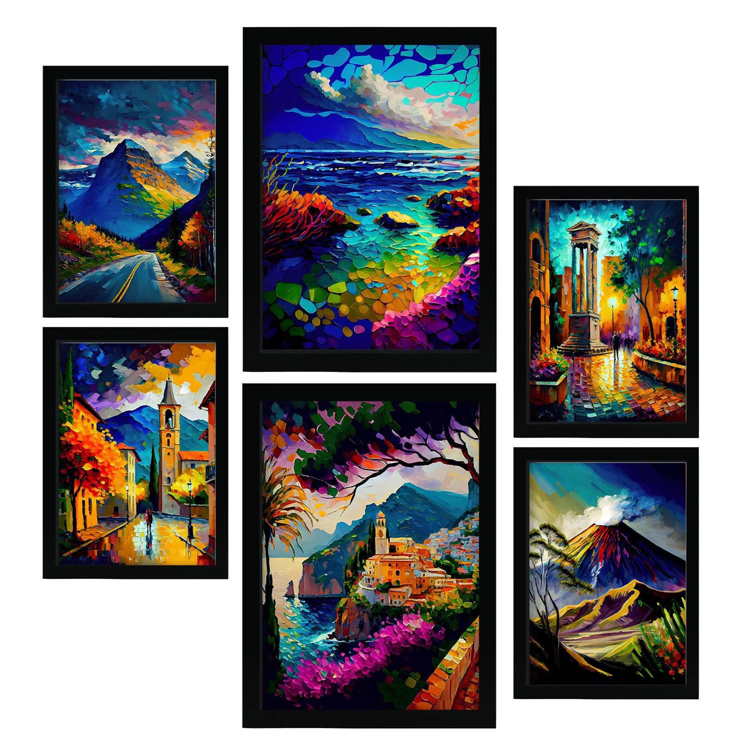 POSTER Set Mit 6 Berge Im Ölgemälde Stil A3 & A4 Schwarzer Rahmen - Schwarz, Papier (29/3cm) - Nacnic