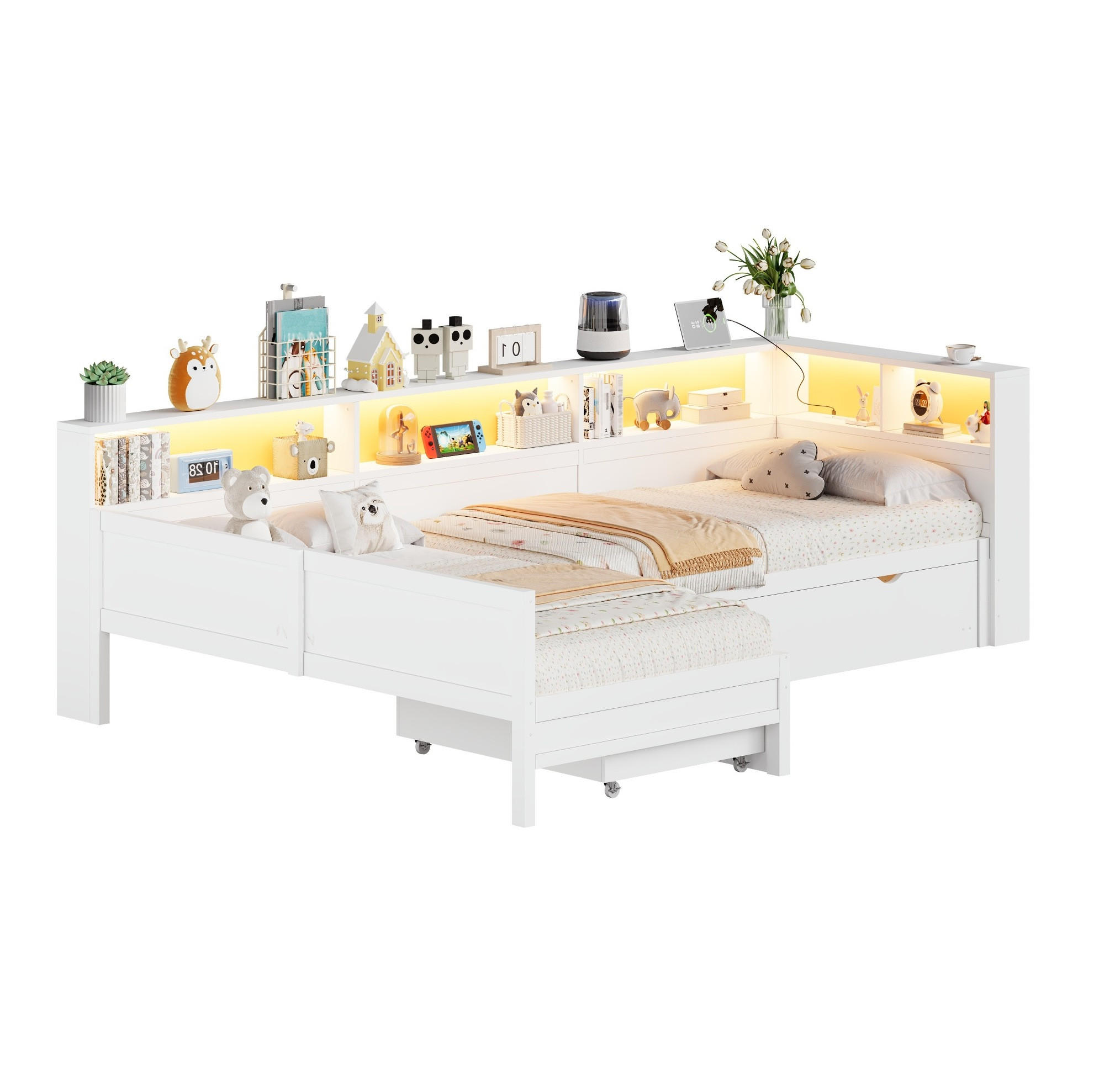 STAURAUMBETT L-Form 90/200 cm Weiß mit Ausziehbett, Schublade und LED - Weiß, Holzwerkstoff (90/200cm) - MIVRAY