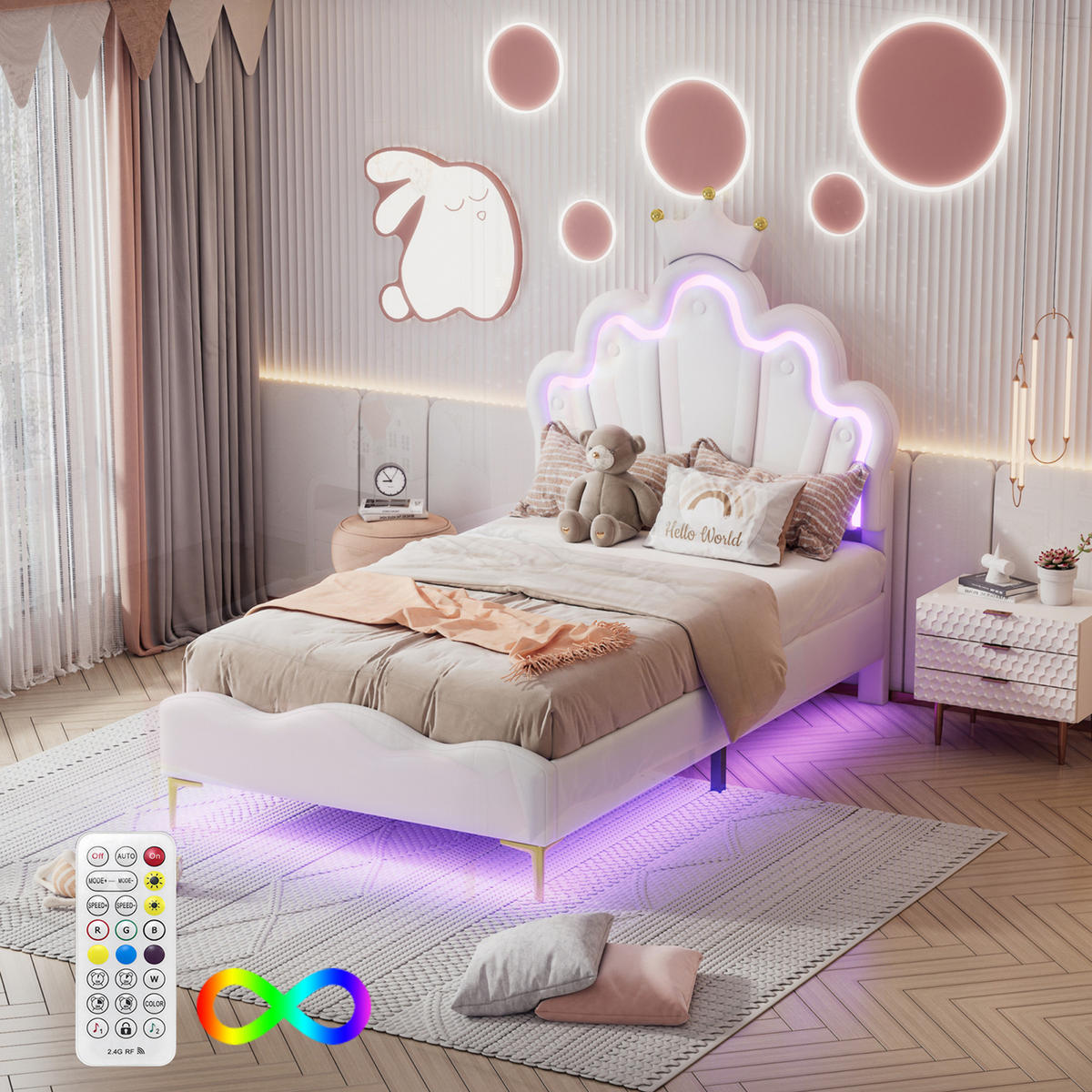 KINDERBETT 90 x 190 cm, Prinzessinnen, mit RGB-LED-Beleuchtung, gepolsterter Krone, höhenverstellbarem Bettgestell, Weiß - Weiß, Leder/Holz (190/90cm) - BursDany