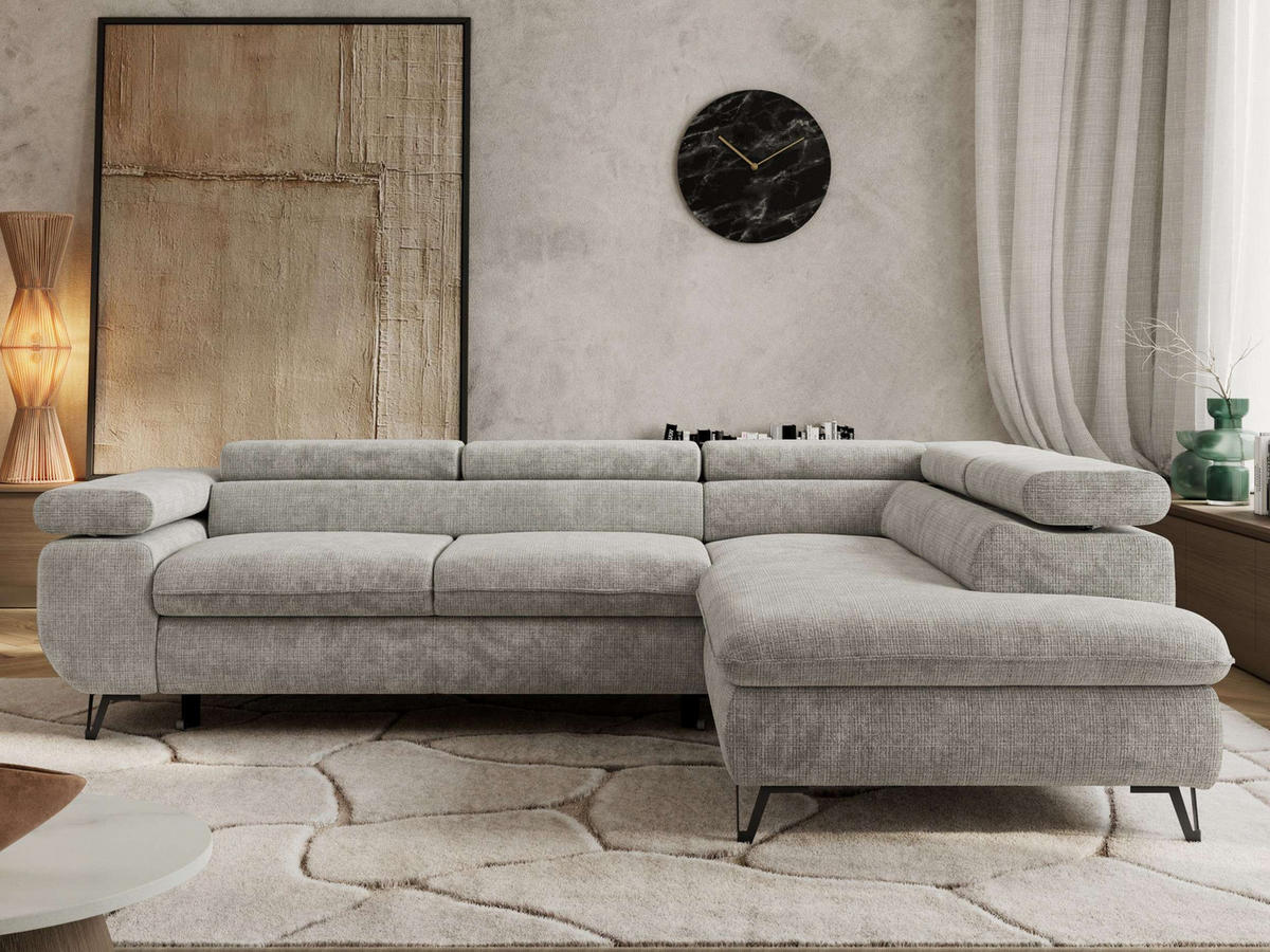 ECKSOFA PABLO L Hellgrau Schenille grob gewebt - Rechts Seite - Hellgrau/Schwarz, Textil/Metall (273/208cm) - MKS