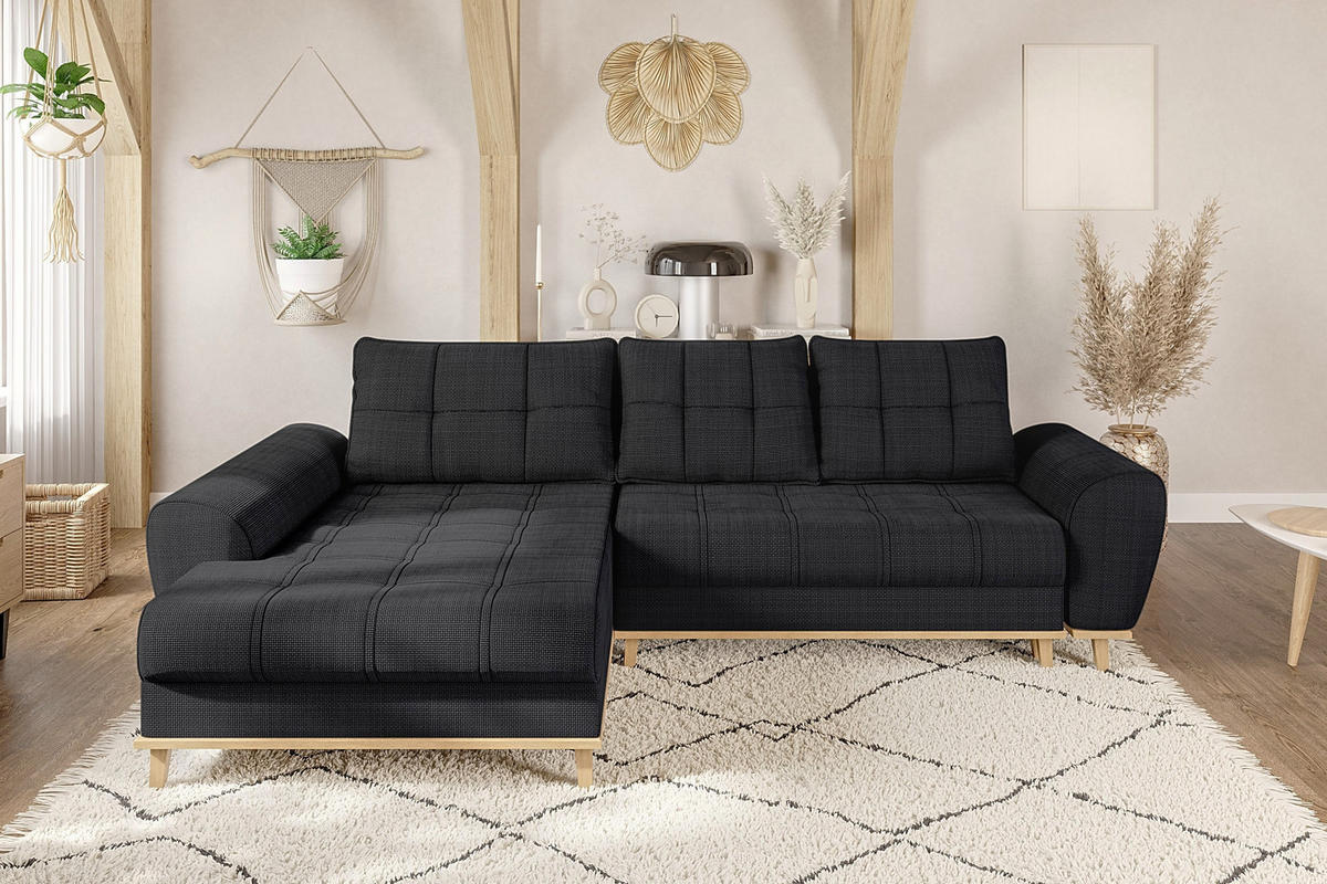 ECKSOFA im Scandi-Stil, Schlaffunktion, Bettkasten B268/T175/H86 cm, Ottomane links, Liegefl. 128x209 cm, Bouclé Chenille Stoff in Anthrazit / 21012 - Eichefarben/Anthrazit, Holz/Textil (268/175cm) - luma-home