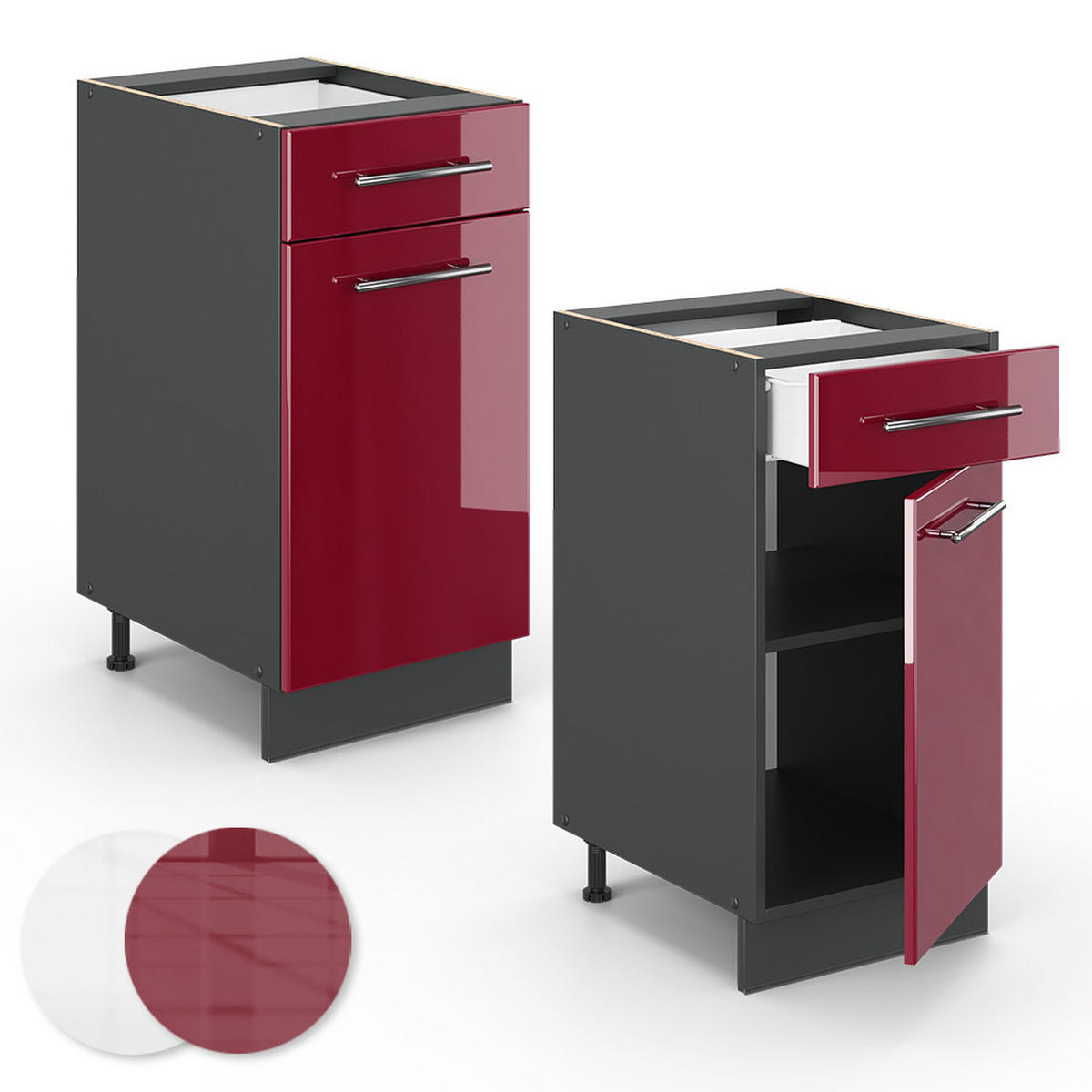 KÜCHENUNTERSCHRANK Fame-Line Bordeaux Hochglanz 40 cm, AP Eiche - Bordeaux/Anthrazit, Holzwerkstoff (40/82/60cm) - Vicco