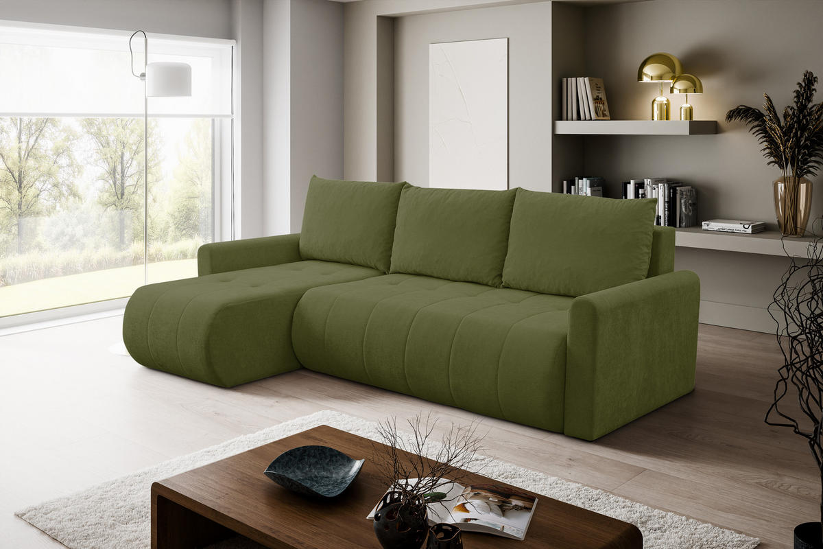 ECKSOFA Primo mit Schlaffunktion und Bettkasten in Cordstoff - Schwarz/Grün, Holz/Holzwerkstoff (245/143cm) - Ravio