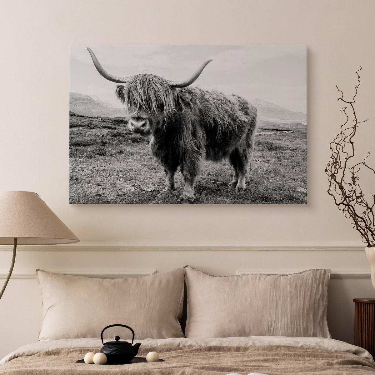 LEINWANDBILD Für Wohnzimmer Schottische Kuh Tier Natur 3D 100/70 cm - Schwarz/Weiß, Textil (100/70cm) - Muralo