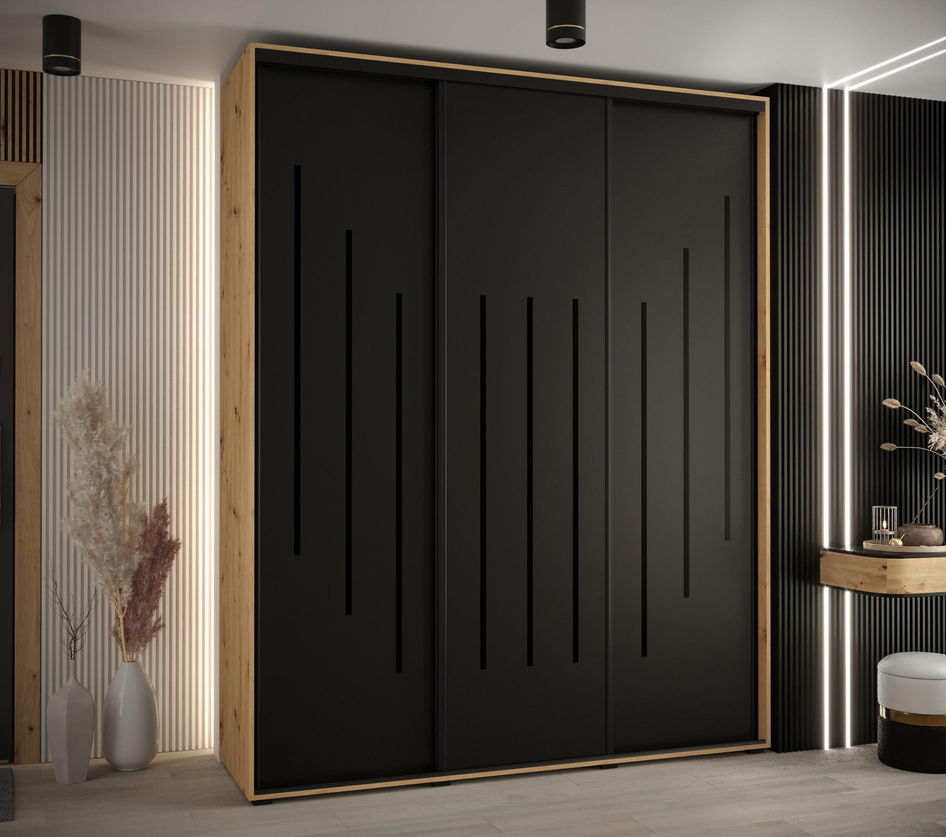 SCHWEBETÜRENSCHRANK 235,2/190/45 3-türig - Schwarz/Eiche Artisan, Holz/Metall (190/235/45cm) - Abiks Möbel