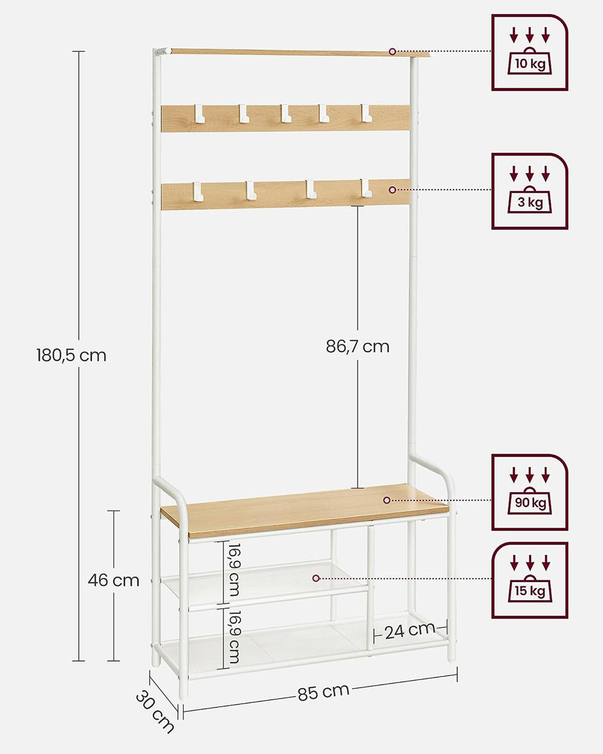 GARDEROBENSTÄNDER OSLO - Weiß, Holzwerkstoff (85/180.5/30cm) - Hansiro