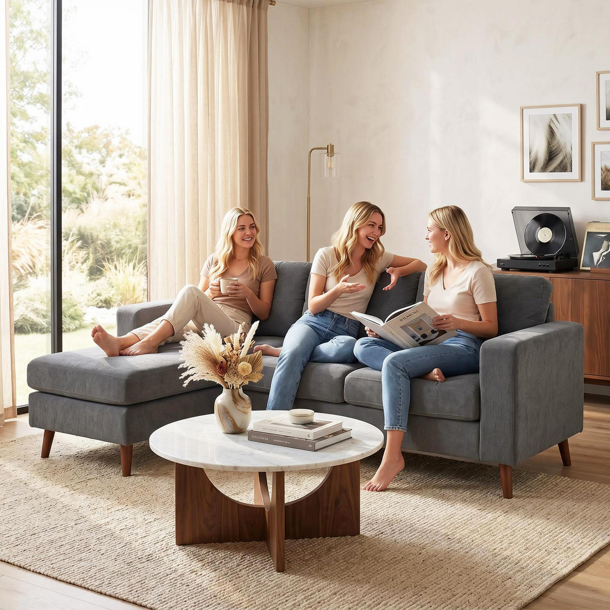 ECKSOFA DE-06613 3-Sitzer Sofa mit umkehrbarer Chaiselongue, Dunkelgrau - Dunkelgrau, Holz/Textil (137/192cm) - ComfortXL