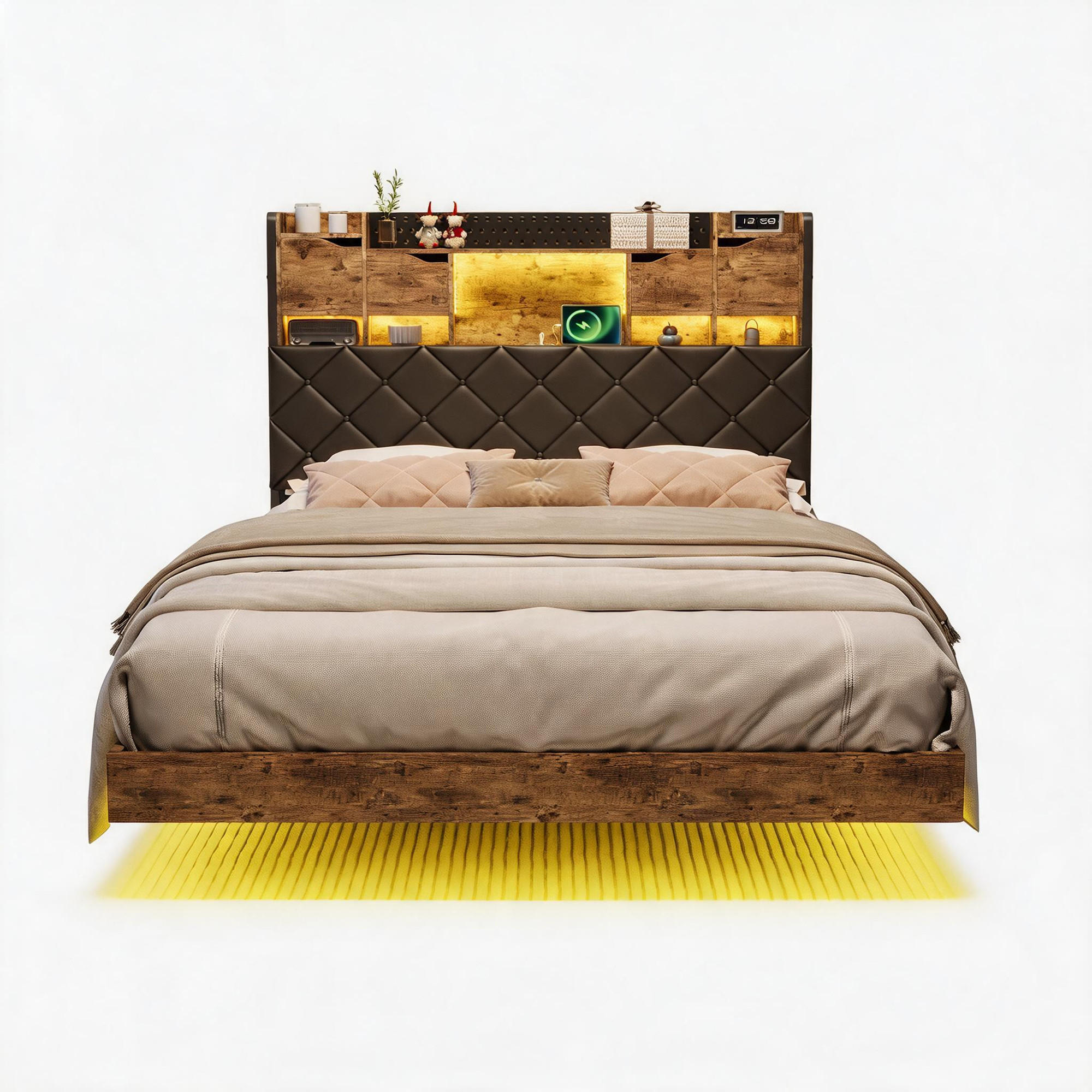 POLSTERBETT 160x200 cm mit LED und USB, Doppelbett mit Lattenrost und Kopfteil, PU, Braun und Schwarz - Schwarz/Braun, Leder/Holzwerkstoff (160/200cm) - GENKI LIVING