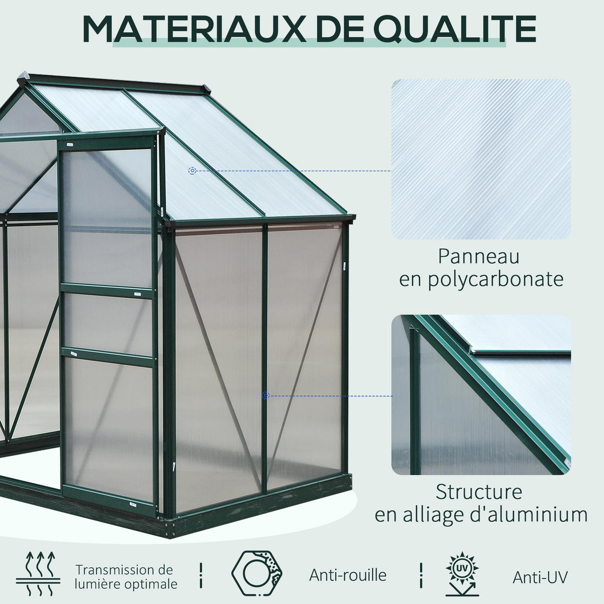GEWÄCHSHAUS DE-11891 Polycarbonat mit Dachluke & Regenrinne Dunkelgrün - Grün, Kunststoff (132/201/190cm) - ComfortXL
