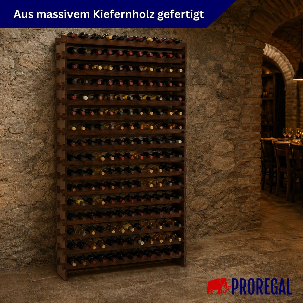 WEINREGAL NAVARRA aus Holz 219x123x28cm 192 Flaschen auf 16 Ebenen Braun geölt - Braun, Holz (123/219/28cm) - PROREGAL