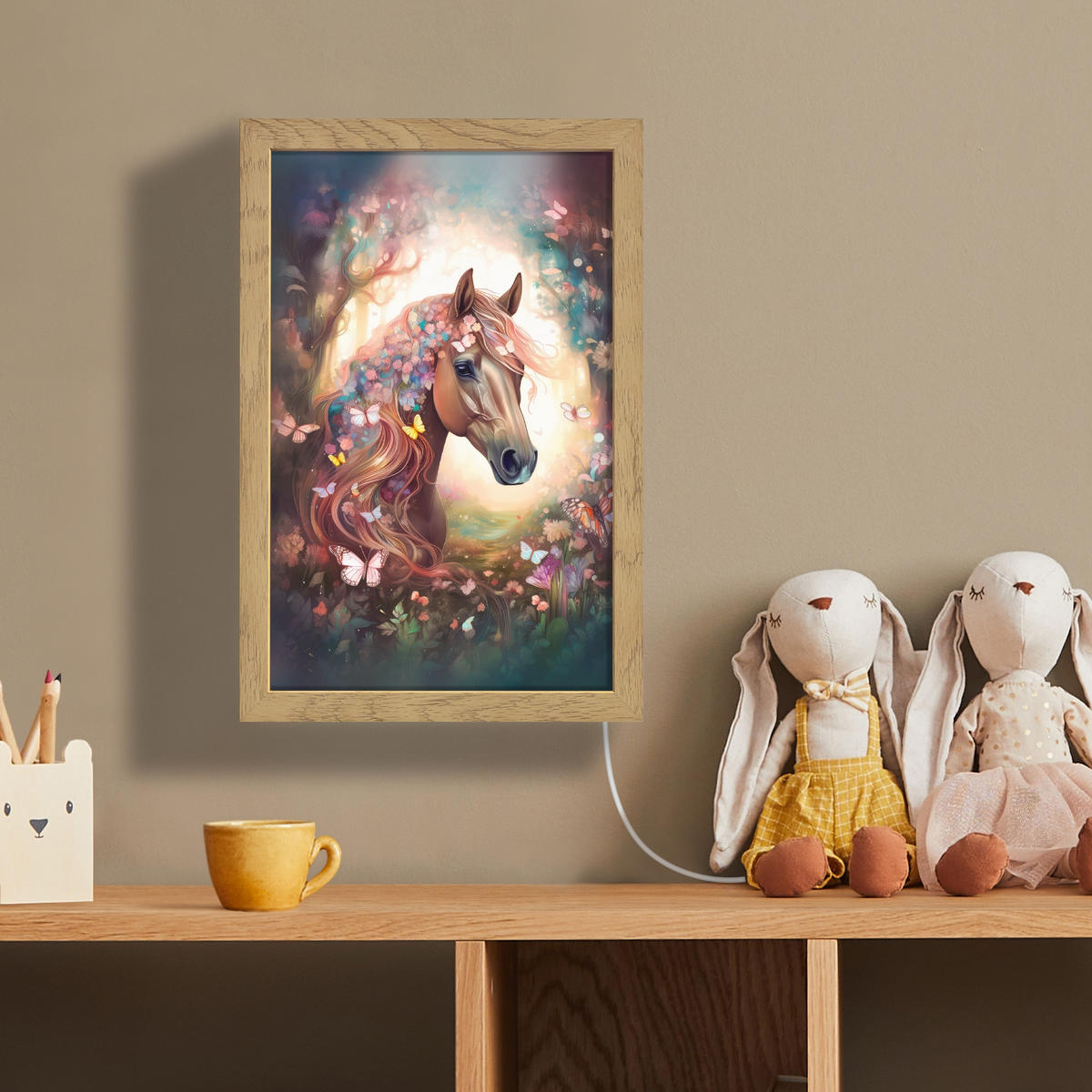 NÁSTĚNNÁ LAMPA Kůň - Příroda - Květiny - Motýli - Les 20x30 cm - tmavě hnědá, kompozitní dřevo (20/30/8cm) - OnlyWow