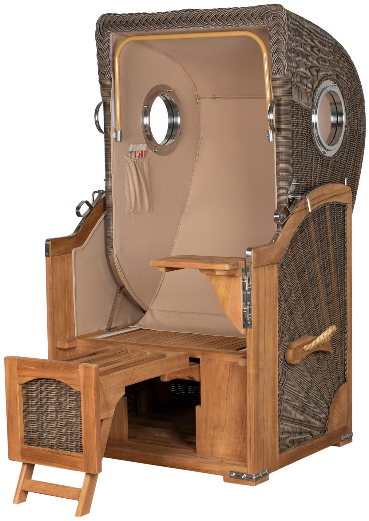 STRANDKORB Komplettset: Ammersee Single Teak Bullauge - PE grau - Modell 545 - Grau, Holz/Kunststoff (96/165/80cm) - bene living