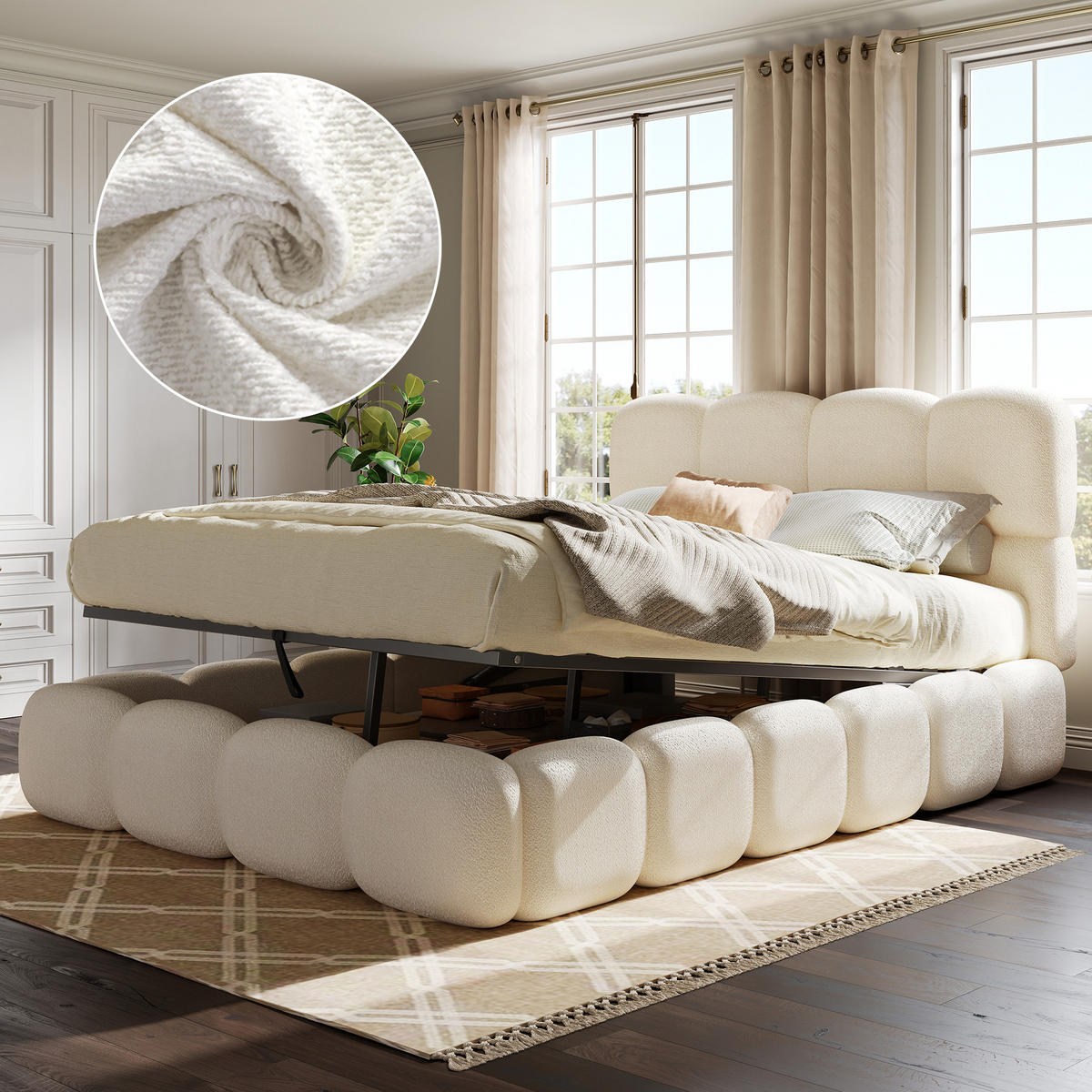 POLSTERBETT 140x200 cm Weiß Bouclé mit Stauraum - Weiß, Textil (140/200cm) - FLIEKS