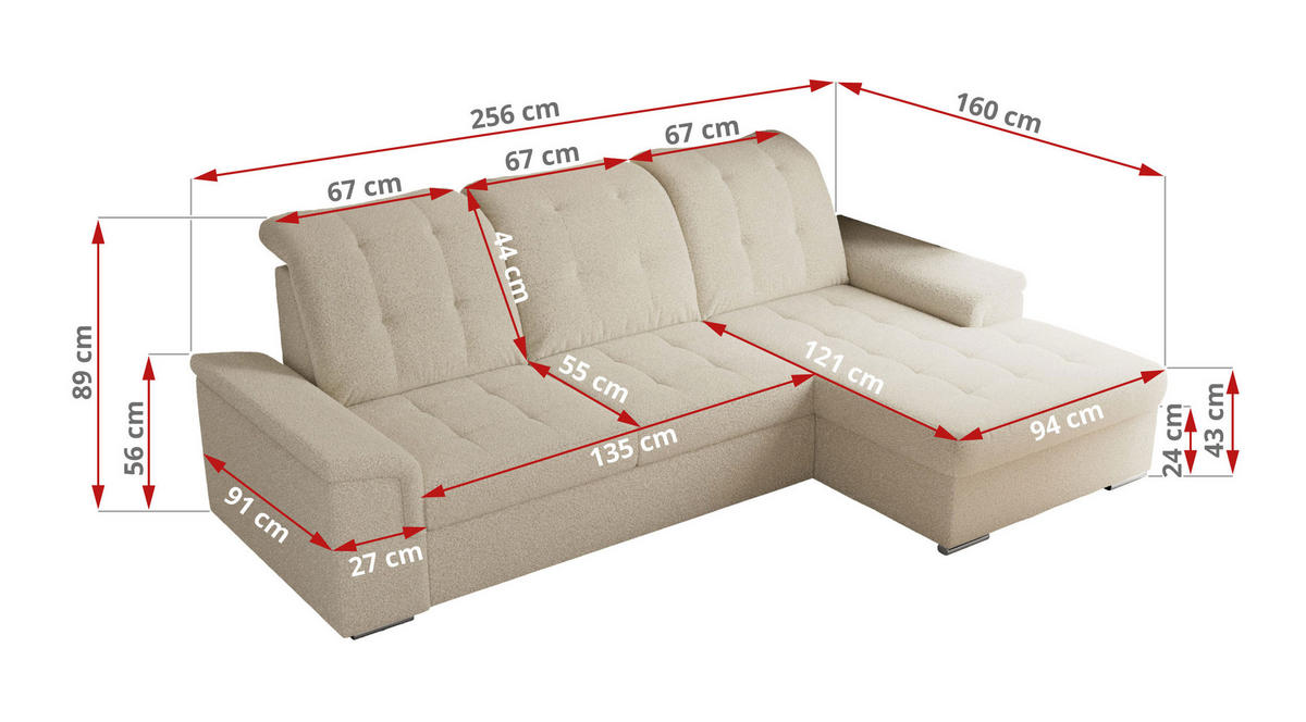 ECKSOFA MADRITO L - Beige Boucle - Rechts - Beige/Silberfarben, Textil/Metall (256/160cm)