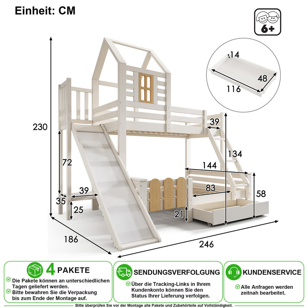 ETAGENBETT 90/200 cm & 140/200 cm in Weiß & Natur mit Rutsche, Leiter und Schublade - Weiß, Holz/Holzwerkstoff (90/200cm) - CHICFURN
