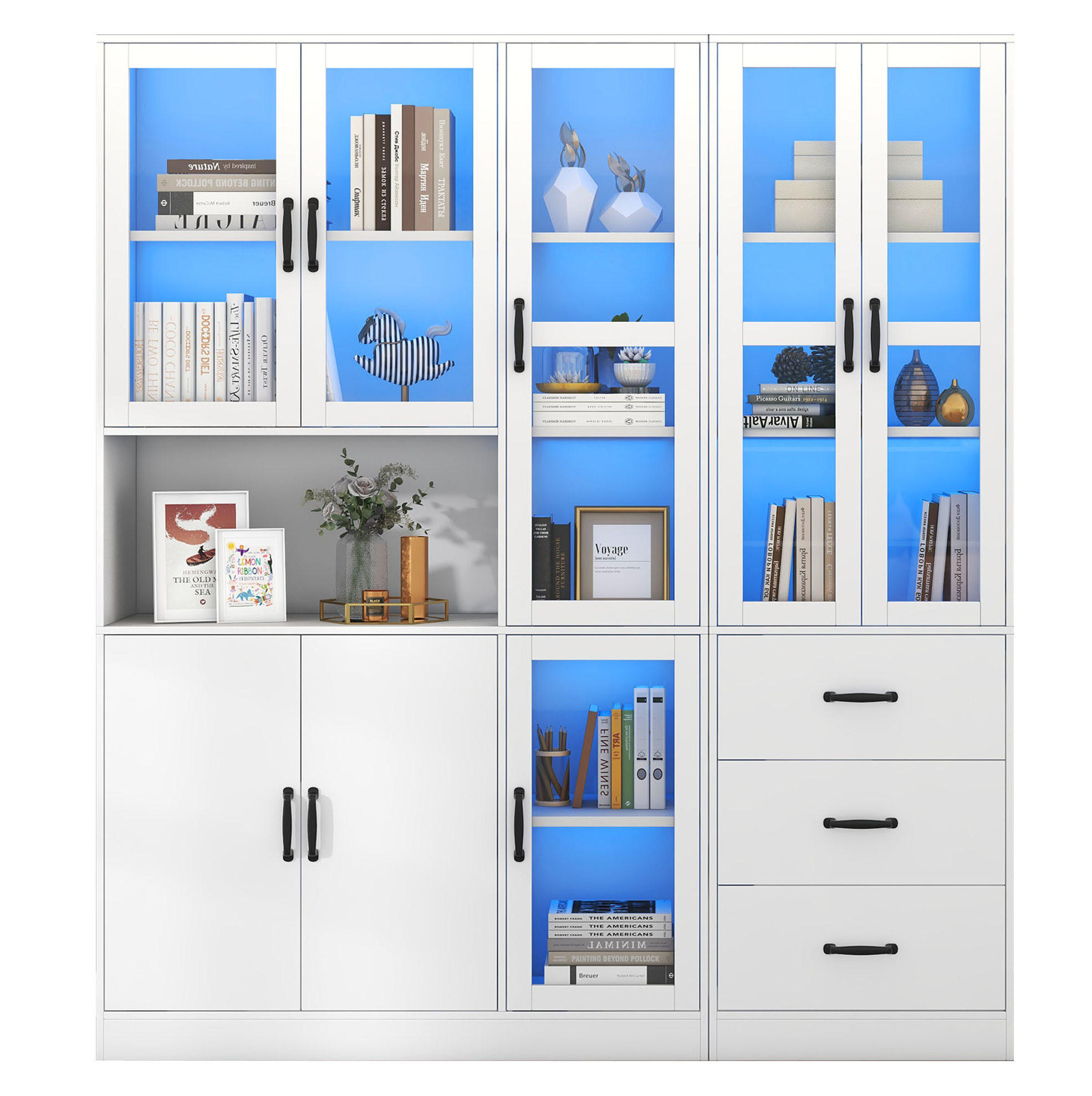 VITRINENSCHRANK 180/40/200 cm weiß aus Spanplatte mit LED und 8 Türen - Weiß, Holzwerkstoff (180/200/40cm) - OKWISH