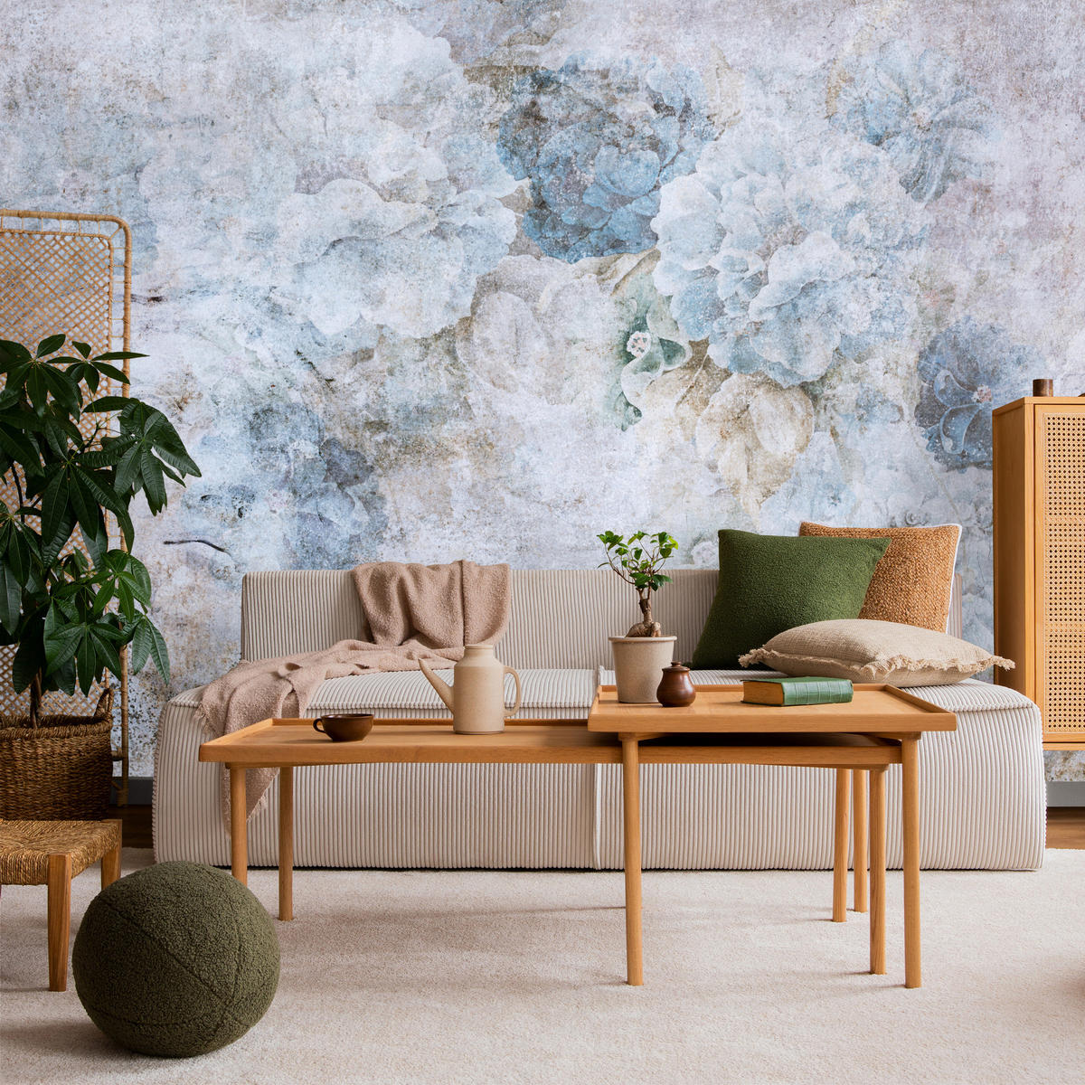 FOTOTAPETE Blaue Blumen Beton Vintage 400x280 - Grau, Papier (400/280cm) - Muralo