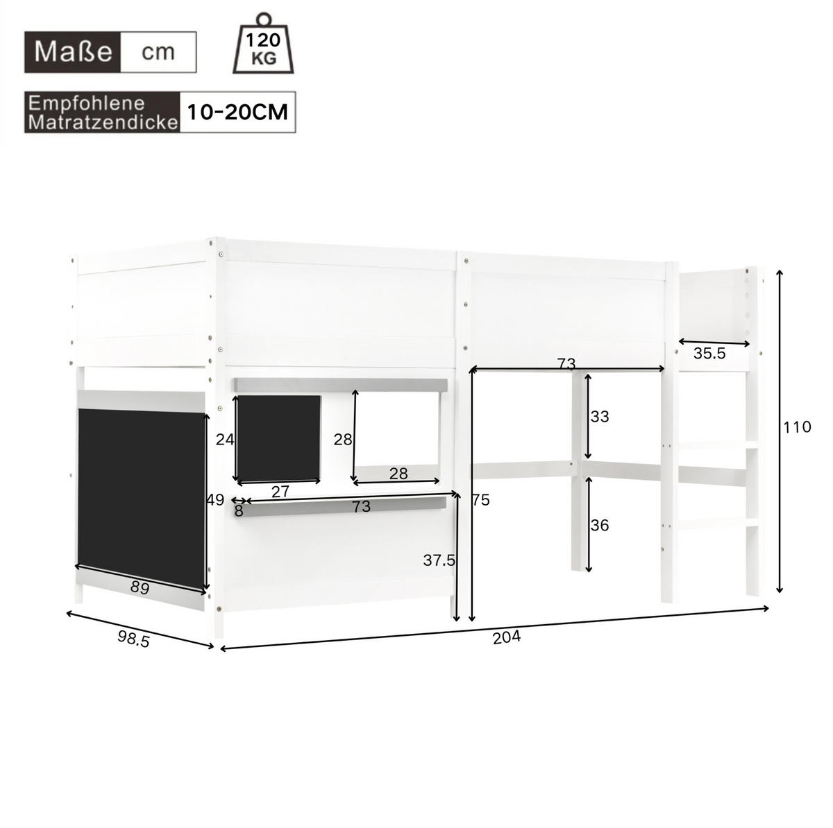 HAUSBETT aus Kiefer 90x200 cm Weiß mit Tafel, Ablage, Treppe und Rundum-Absturzsicherung - Weiß, Holzwerkstoff (90/200cm) - Modfu