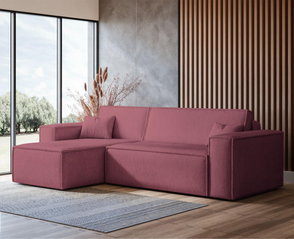 ECKSOFA Scarlo Dunkelrosa Cordbezug - Dunkelrosa/Schwarz, Kunststoff/Textil (244/145cm) - Selsey