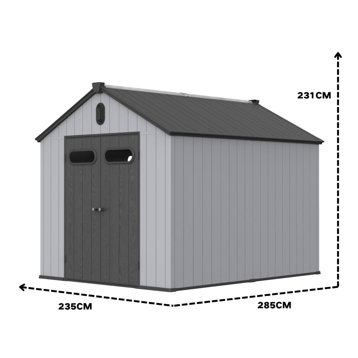 GERÄTEHAUS 285/235/231 cm Grau + Weiß mit 2 Türen und eine integrierte Regenrinne - Grau, Metall (235/231/285cm) - Oxeza