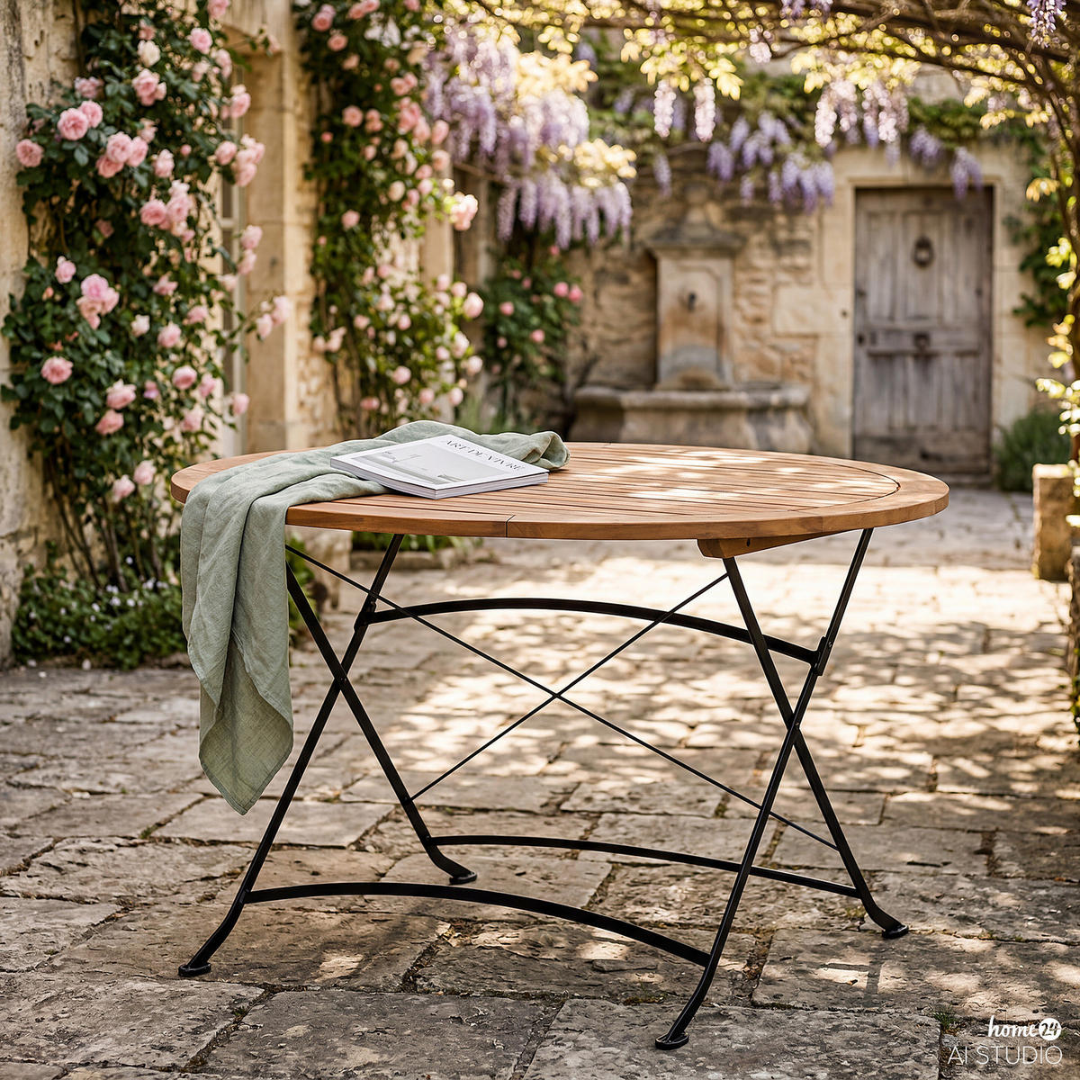 GARTENTISCH - Rund - Akazie massiv / Stahl - Braun / Schwarz - Schwarz/Braun, Holz/Metall (120/120/75cm) - home24