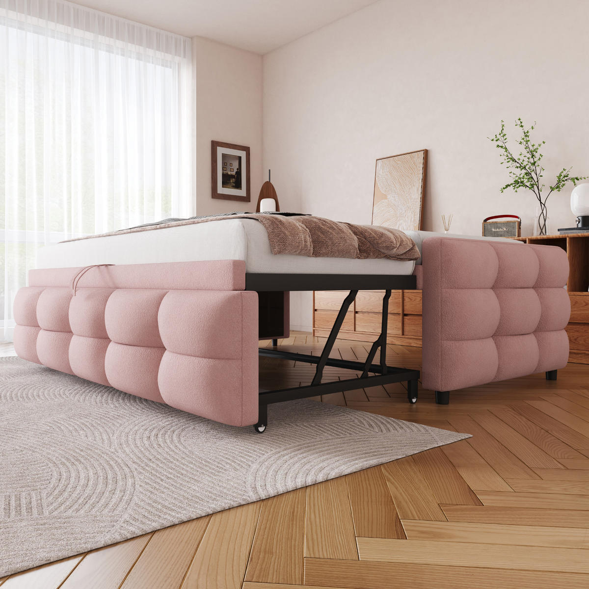 POLSTERBETT 90/190 cm Rosa mit Ausziehbett - Rosa, Textil (90/190cm) - Oxeza