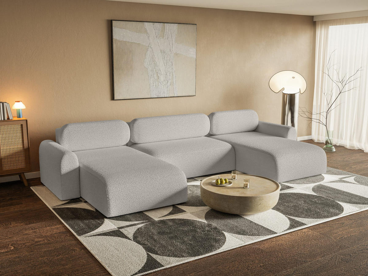 WOHNLANDSCHAFT Lome U mit Schlaffunktion, Silber - Grau, Textil (386/70/185cm) - Fedve