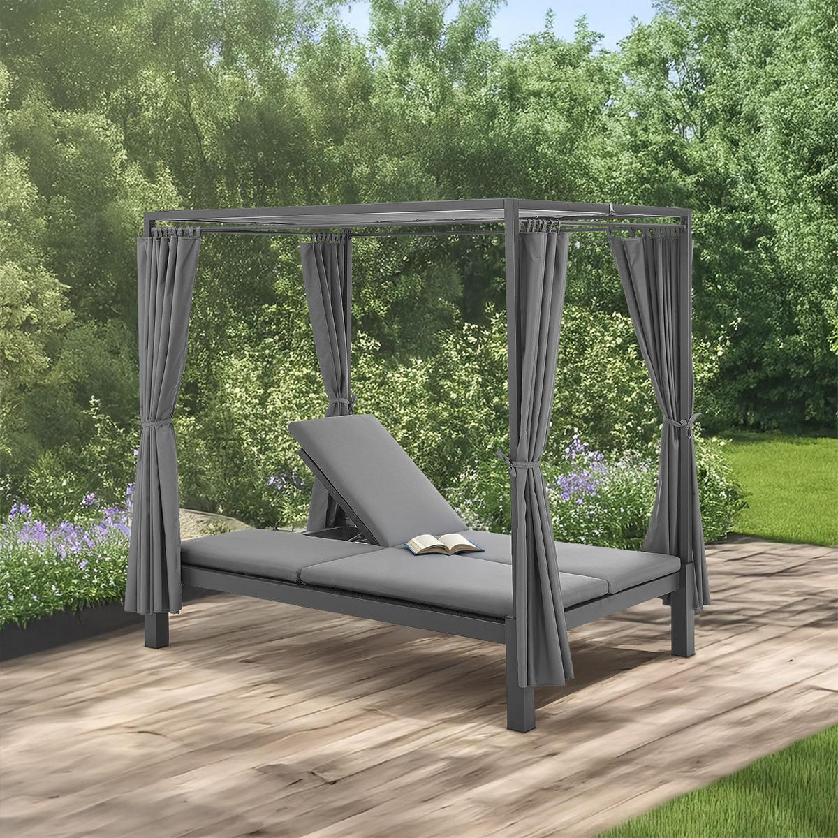 DOPPELLIEGE Loungebett Kreta grau/ dunkelgrau - Grau, Metall (147/207/207cm) - Juskys