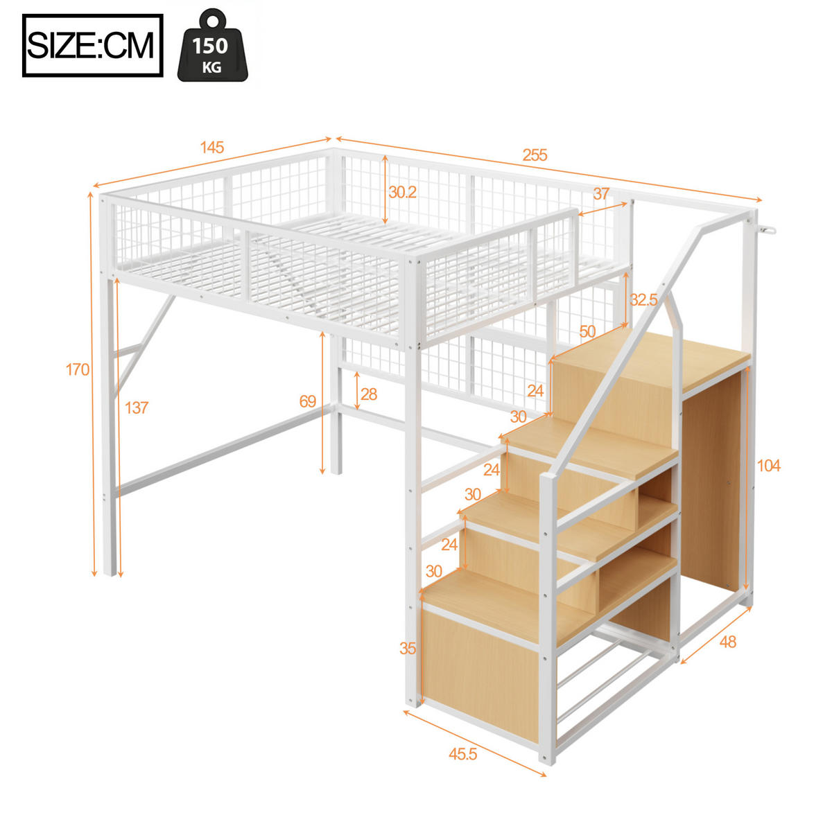 HOCHBETT 140/200 cm mit App-gesteuerter LED-Beleuchtung, Stauraumtreppe und offenem Kleiderschrank, Weiß - Weiß, Metall (140/200cm) - Redom