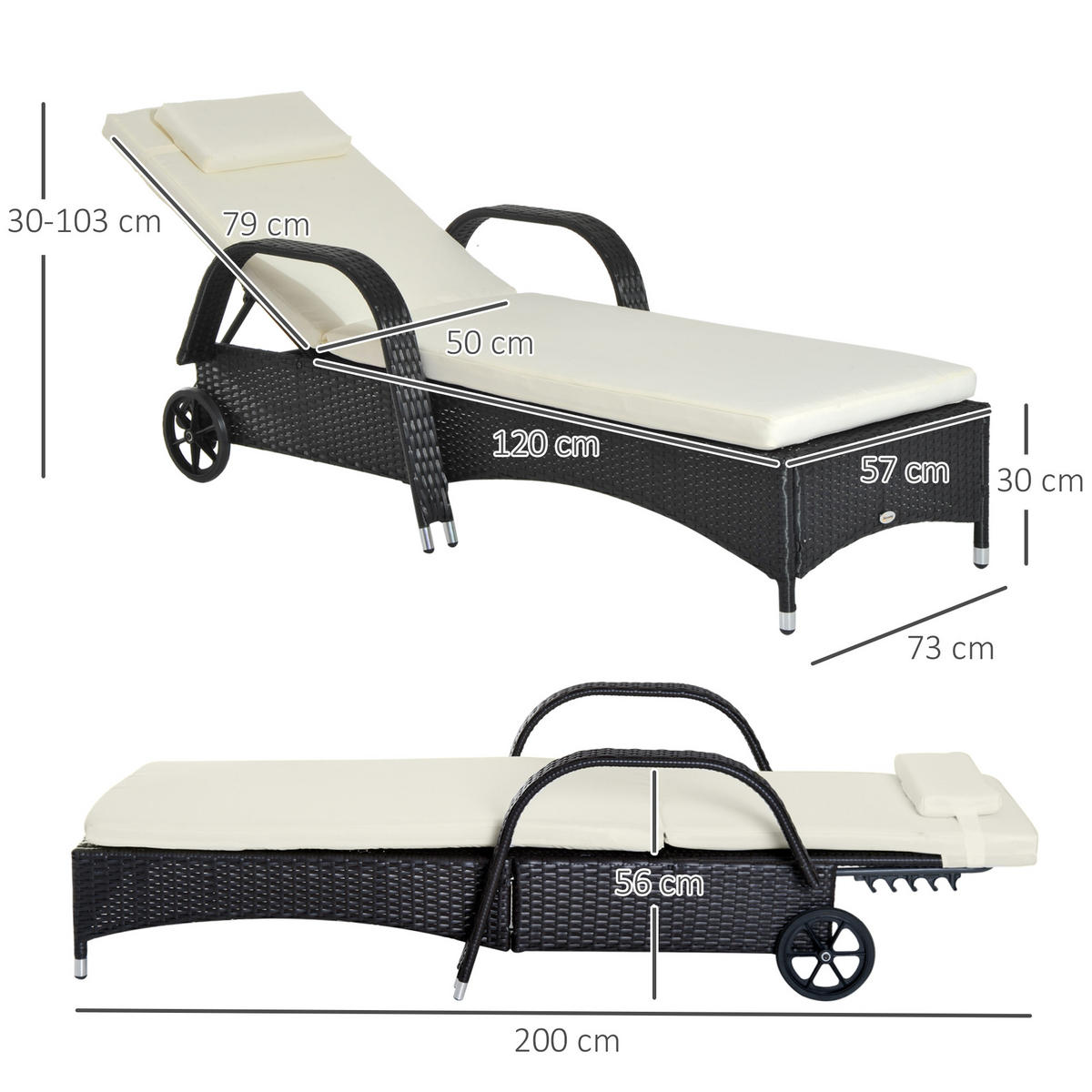 SONNENLIEGE, Polyrattan+Metall, Schwarz - Multicolor, Kunststoff (73/103/200cm) - Outsunny