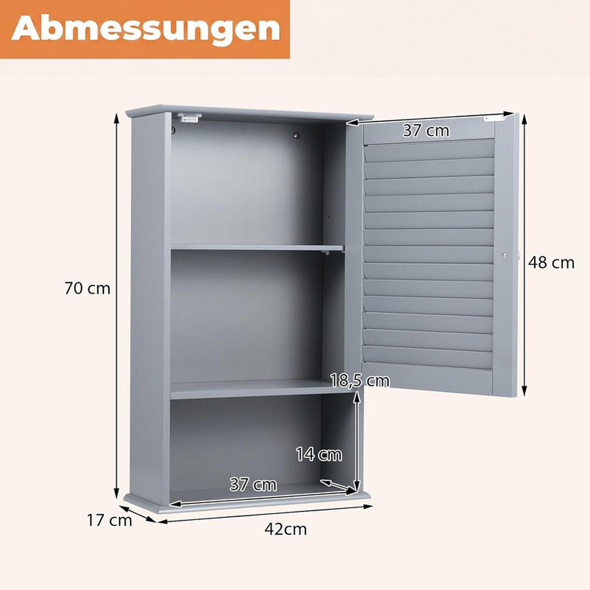 BAD-HÄNGESCHRANK mit verstellbarem Einlegeboden grau - Grau, Holzwerkstoff (42/70/17cm) - COSTWAY